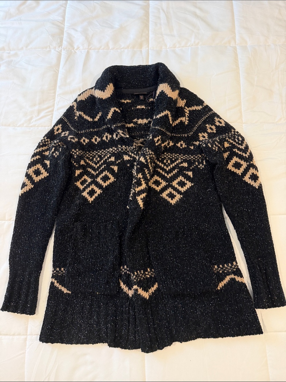 Shyanne Black and Cream Fair Isle Shawl Collar Aztec Sparkly Cardigan M